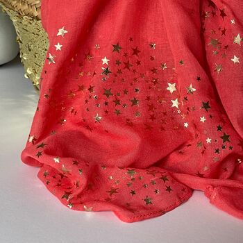 Rose Gold Galaxy Stars Scarf In Coral, 3 of 3