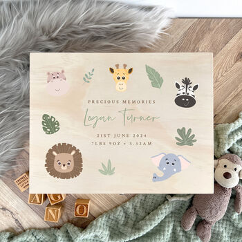 Personalised Jungle Animals New Baby Keepsake Box, 2 of 8