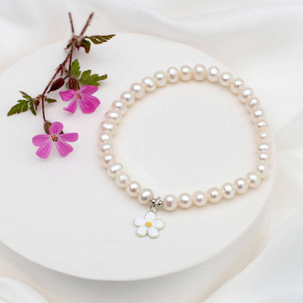 Sterling Silver Daisy Charm Pearl Bridesmaid Bracelet, 1 of 2