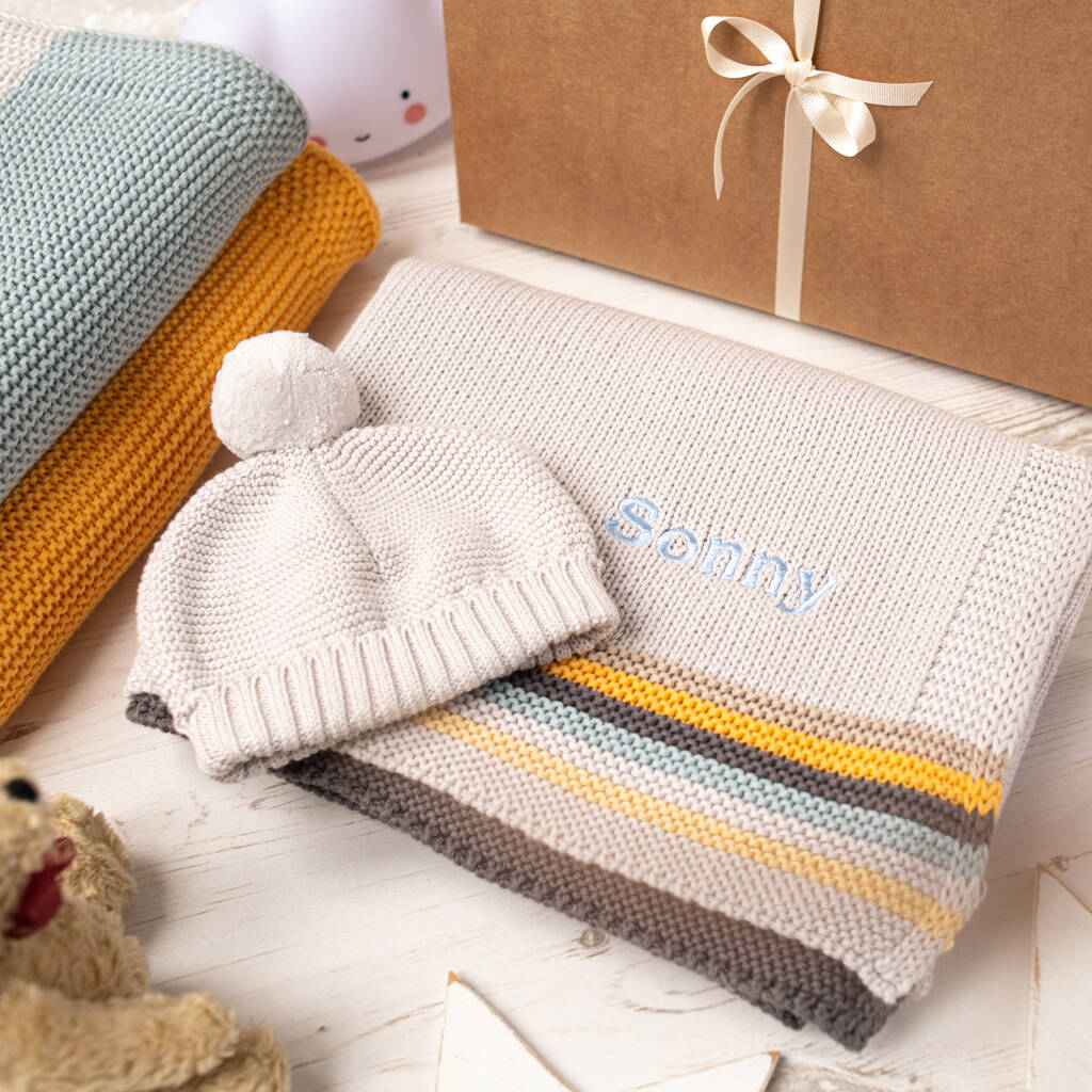 Unisex Retro Stripe Baby Hat And Blanket Set, 1 of 12
