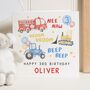 Personalised Digger Fire Engine Birthday Card For Son, thumbnail 1 of 7
