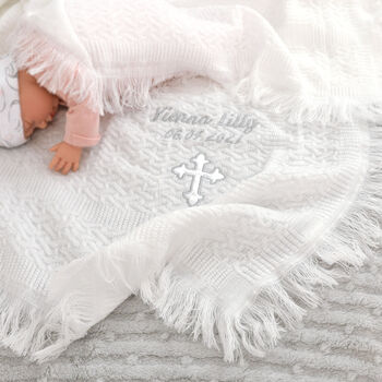 Personalised Christening Embroidered Shawl Satin Cross, 2 of 9