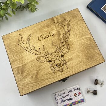 Personalised Wooden Stag Cufflink And Watch Box, 2 of 9