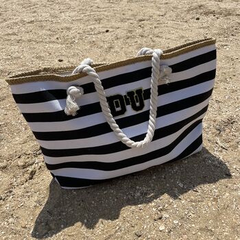 Personalised Large Black White Stripe Rope Beach Bag, 4 of 6