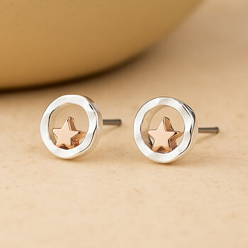 Silver And Rose Gold Plated Halo Star Stud Earrings, 2 of 8