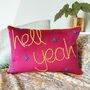 Hell Yeah Embroidered Pink Velvet Cushion, thumbnail 1 of 4