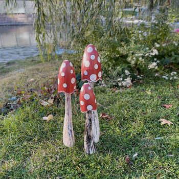 Set Of Three Wooden Red Mushrooms For Garden, 9 of 10