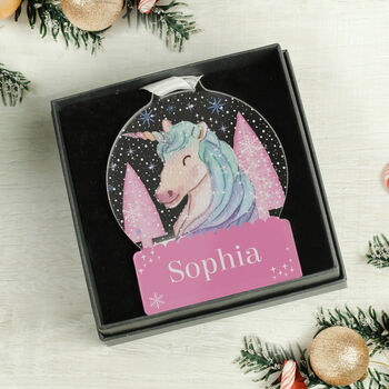 Personalised Unicorn Christmas Acrylic Snowglobe Hanging Decoration Gift Boxed, 3 of 5