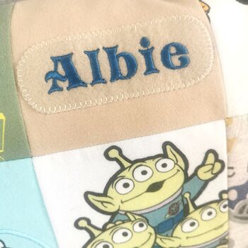 Keepsake Memory Pillow Made From Baby Clothes: Favourite Characters Patchwork Cushion Gift, 3 of 12