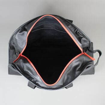 Black Leather Laptop Weekend Bag With Orange Zip, 8 of 9