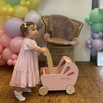 Personalised Flat Packed Pink Wooden Push Along Toy Pram, 3 of 4