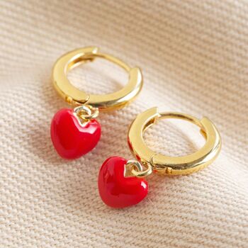 Red Enamel Heart Charm Huggie Hoop Earrings, 2 of 9