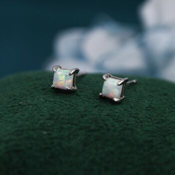 White Opal Square Stud Earrings In Sterling Silver, 4 of 12