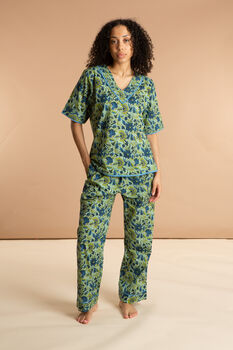 Indian Cotton Lime Patchouli Print Pyjama Set, 4 of 4
