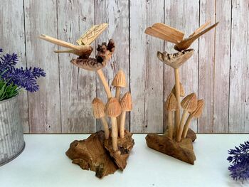 Dragonfly And Toadstool Mushroom Driftwood Statue Ornament Woodland Gift, 3 of 8