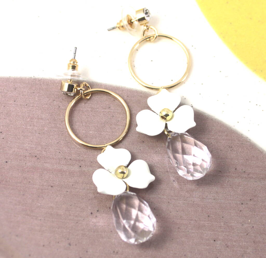 Circle Drop Flower Charm Earrings By Lucy Loves Neko