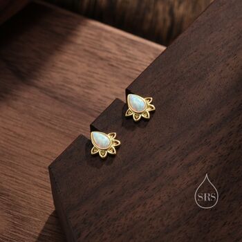 Sterling Silver Droplet Opal Crown Stud Earrings, 3 of 12
