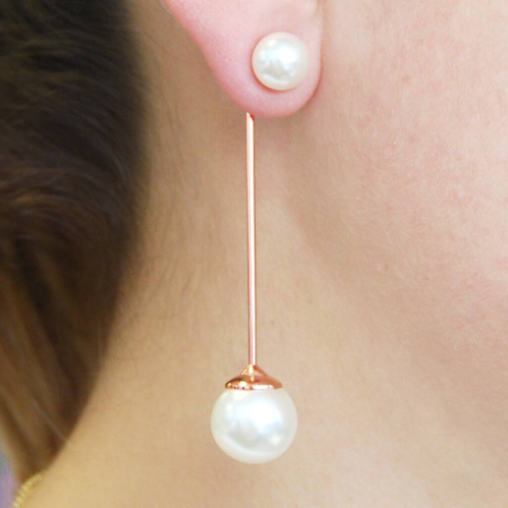 Rose Gold Plated Statement Double Pearl Drop Earrings By Jasper & Opal
