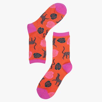 Women's Cheetah Leaf Print Bamboo Socks Orange By Sock Talk