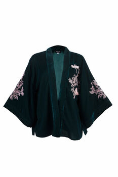 Wild Flowers And Butterflies Teal And Pink Velvet Embroidered Short Kimono, 9 of 10