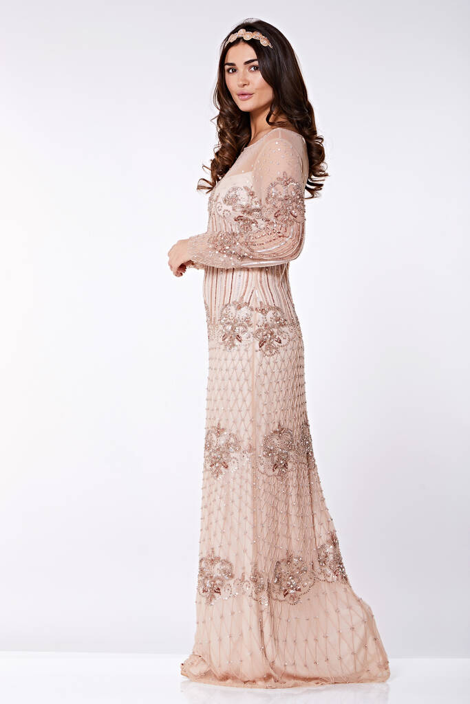 Art Deco Long Sleeve Embellished Maxi Dress Champagne By Gatsbylady London