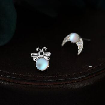Sterling Silver Mismatched Firefly And Moon Stud Earrings, 3 of 12