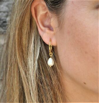 Classic Fresh Water Pearl Hoop Earrings Gold Plated, 3 of 8