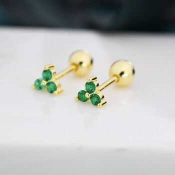 Tiny Three Emerald Green Cz Screw Back Earrings, 4 of 10