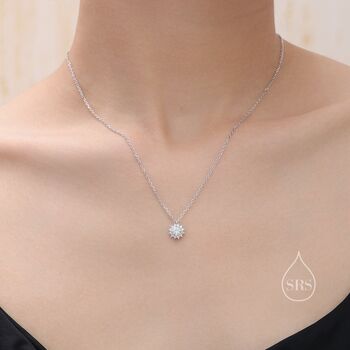 Sapphire Blue Cz Halo Flower Pendant Necklace, 5 of 12
