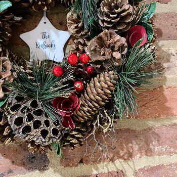 Personalised Gold Glitter Pine And Red Berry Wreath, 2 of 2