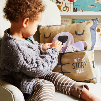 Personalised Bedtime Story Bear Cushion With Pocket, 2 of 6