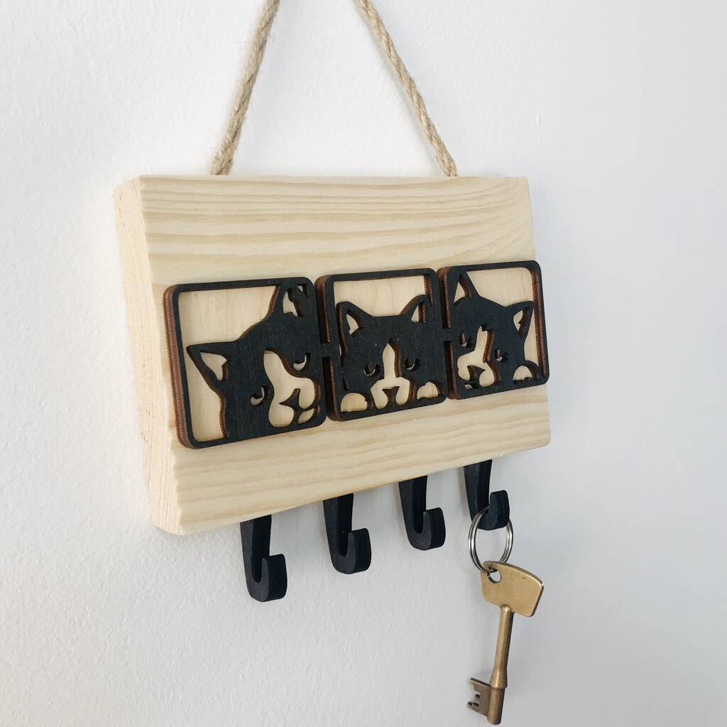 Wooden Key Holder With Cats By Natural Gift Store