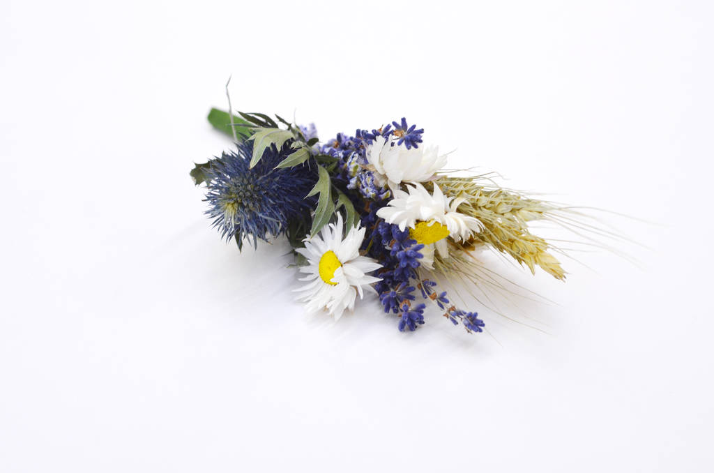 Three Blue Wheat Buttonholes By Shropshire Petals