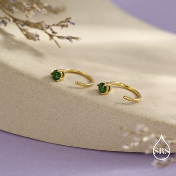 Sterling Silver Emerald Green Cz Huggie Hoop Threader Earrings, 5 of 11