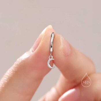 Sterling Silver Extra Skinny Moon Dangle Huggie Hoop Earrings, 5 of 11