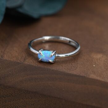 Sterling Silver Clawed Blue Opal Oval Ring, 6 of 12