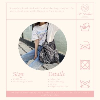 Black Paisley Lightweight Thin Cotton Tote Bag With Long Handles, 6 of 7