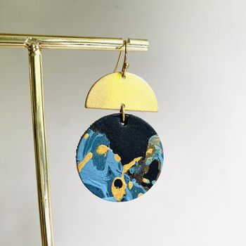 Handmade Leather Large Full Moon Dangly Earrings Marbled, 7 of 9