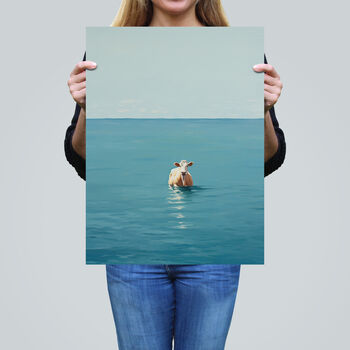 Open Water Swimming Cow Bathroom Blue Wall Art Print, 2 of 6