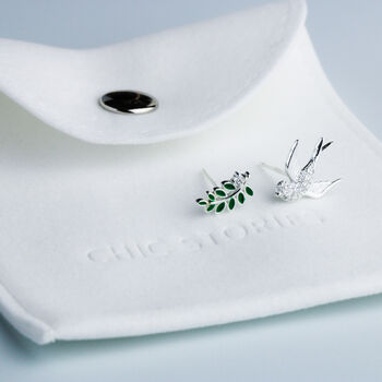 Sterling Silver Dove And Branch Asymmetrical Stud Earrings, 3 of 4