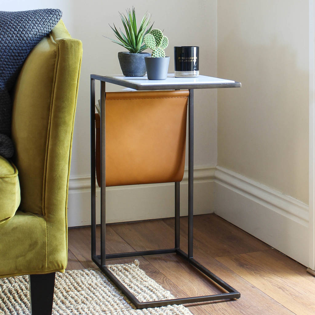 Rectangle Marble Side Table With Leather Magazine Rack By Marquis Rectangle Marble Side Table With Leather Magazine Rack