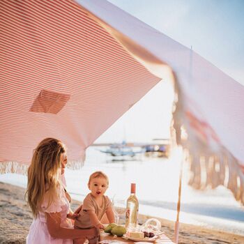 Baby Pink Striped Fringed Beach Canopy, 2 of 6
