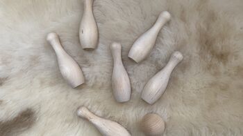 Traditional Natural Wood Skittles Set With Cotton Storage Bag | Plastic Free Kids Outdoor Games, 2 of 3