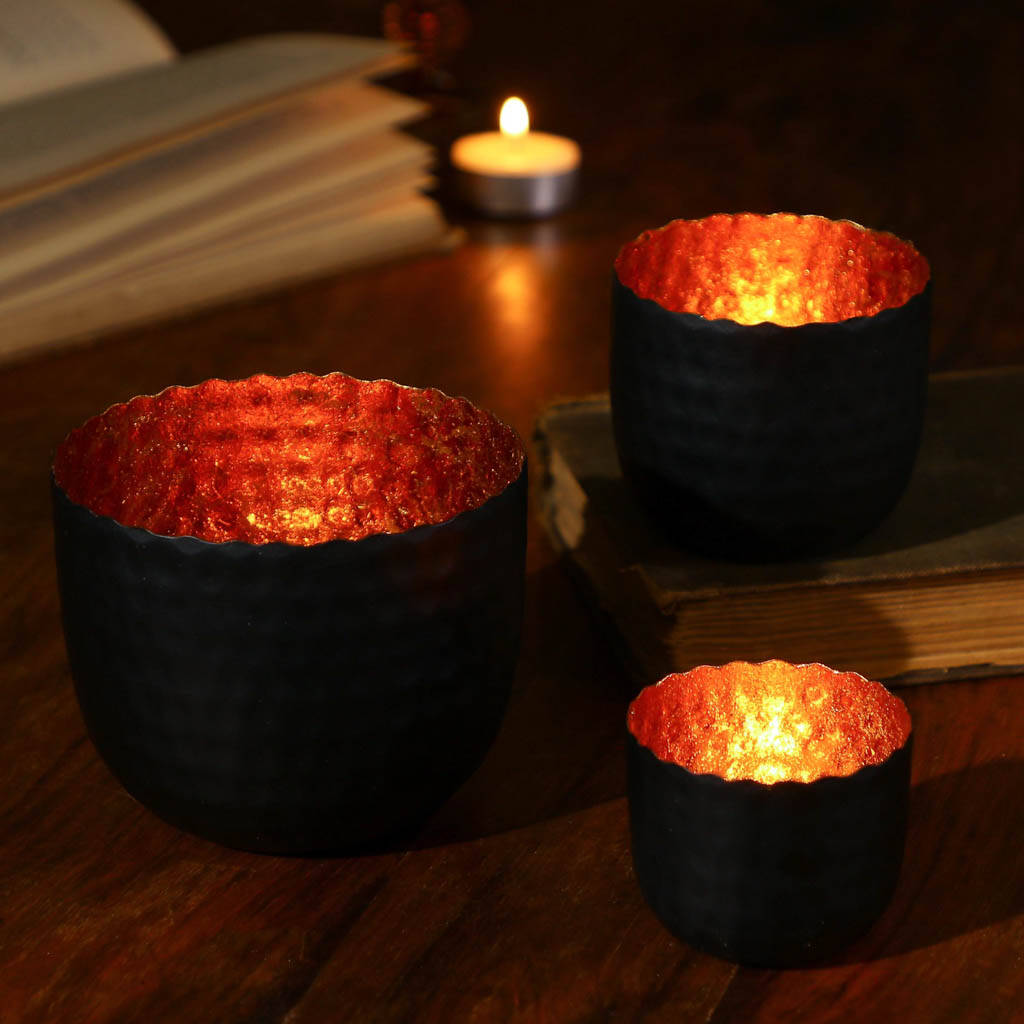 Set Of Three Black And Copper Tea Light Holders By Dibor