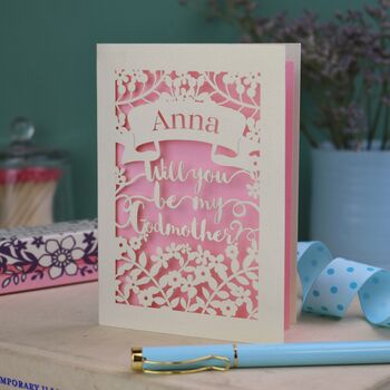 Personalised Papercut 'Be my Godmother?' Card, 3 of 6