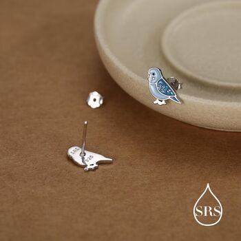 Sterling Silver Blue Enamel Budgie Stud Earring, 7 of 12