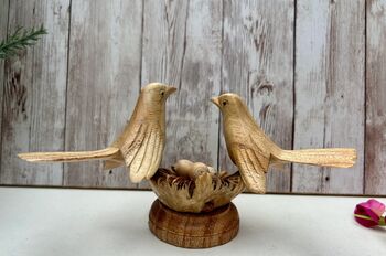 Wooden Bird Ornament Love Birds On Nest With Mushroom, 7 of 9