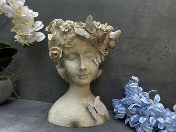 26cm Grey Green Ladies Head Plant Pot With Pink Flowers, 7 of 12