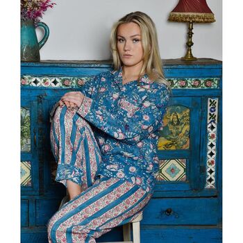 Block Printed Inky Blue And Pink Floral Stripe Cotton Pyjamas, 2 of 4