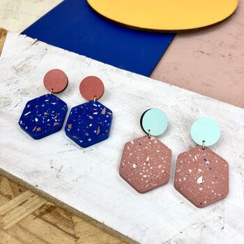 Jesmonite Terrazzo And Wood Hexagon Geometric Earrings, 4 of 12